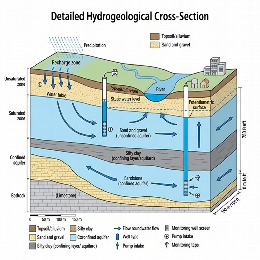 Diagrama de corte hidrogeológico mostrando acuíferos, zona saturada y zona no saturada con pozos de captación